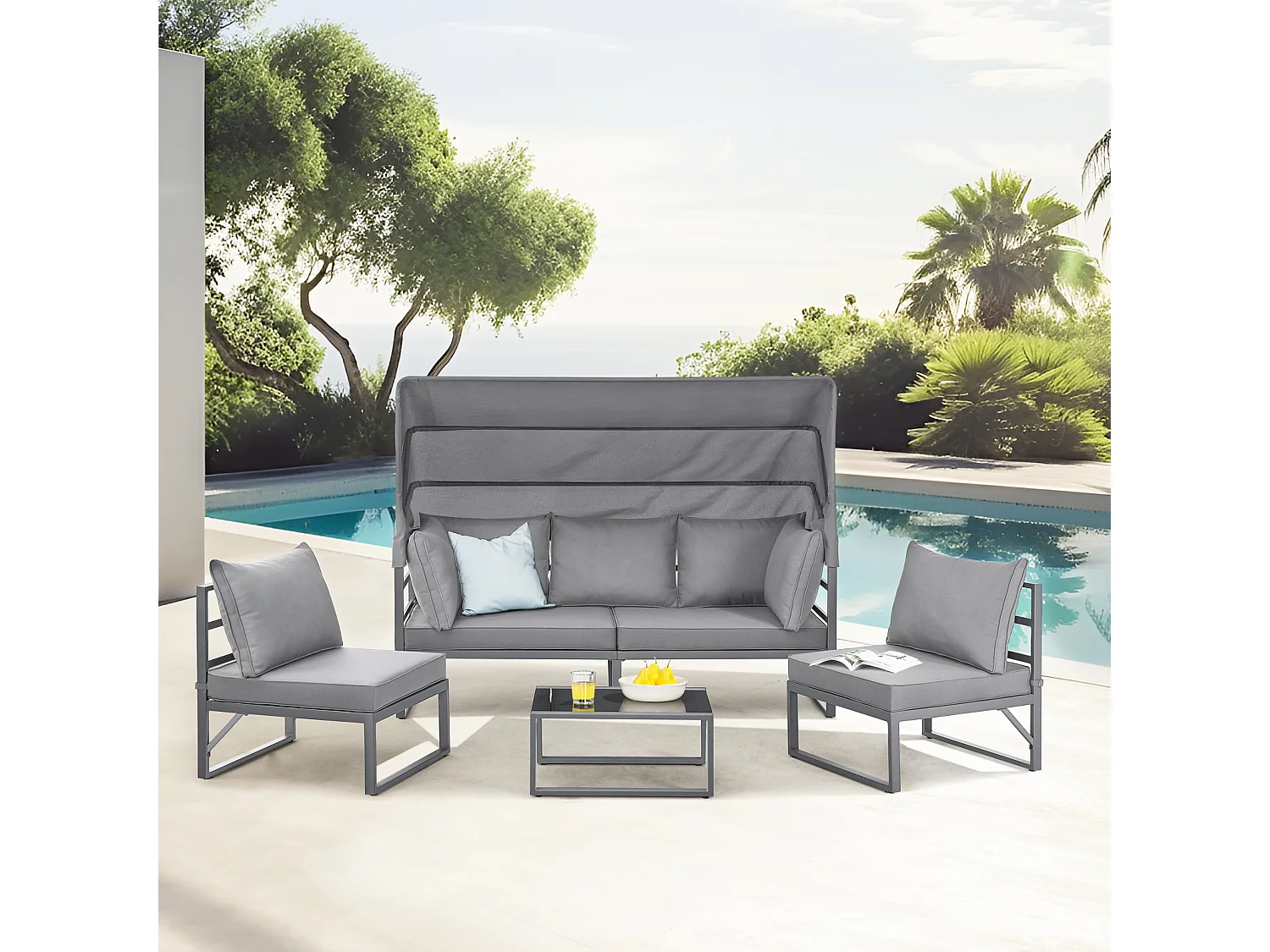 Ensemble de salon de jardin MAUI avec toit - Canapé d'extérieur en acier gris clair