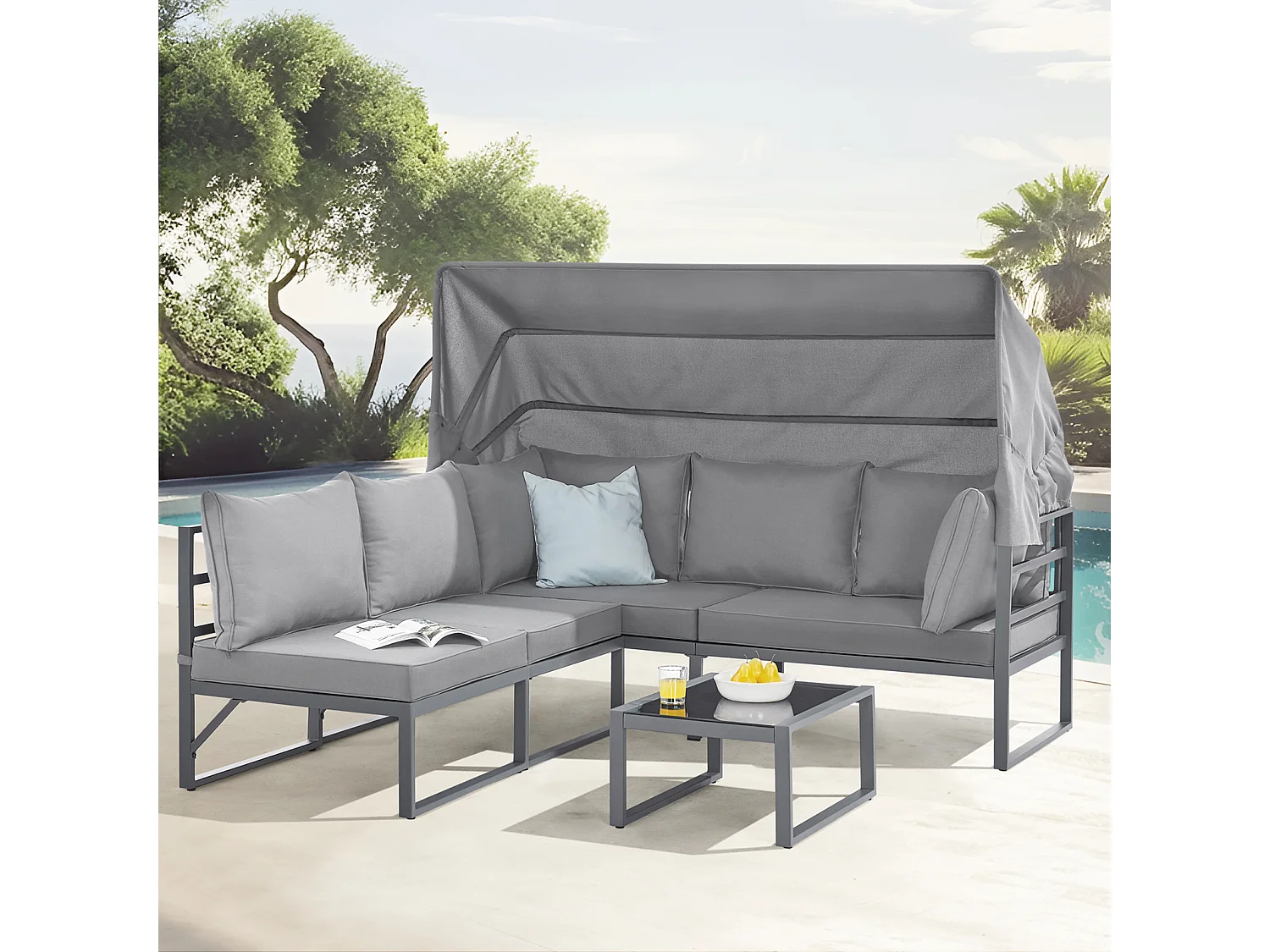 Ensemble de salon de jardin MAUI avec toit - Canapé d'extérieur en acier gris clair