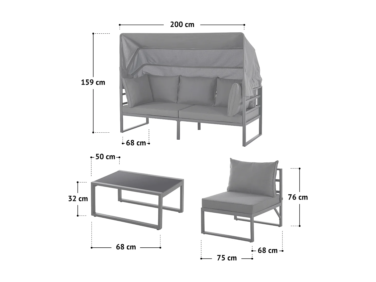 Ensemble de salon de jardin MAUI avec toit - Canapé d'extérieur en acier gris clair