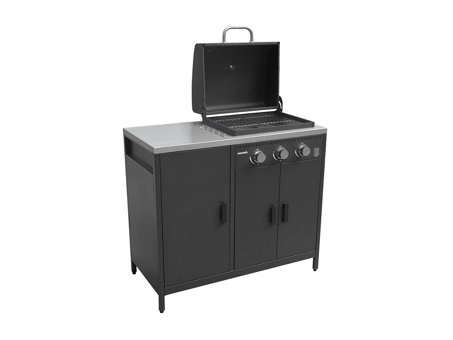 Barbecue gaz 3 brûleurs . noir. 3 portes et 2 espaces de rangement