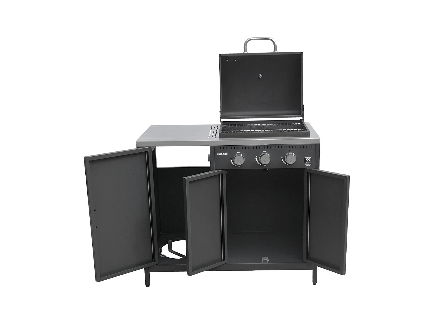 Barbecue gaz 3 brûleurs . noir. 3 portes et 2 espaces de rangement