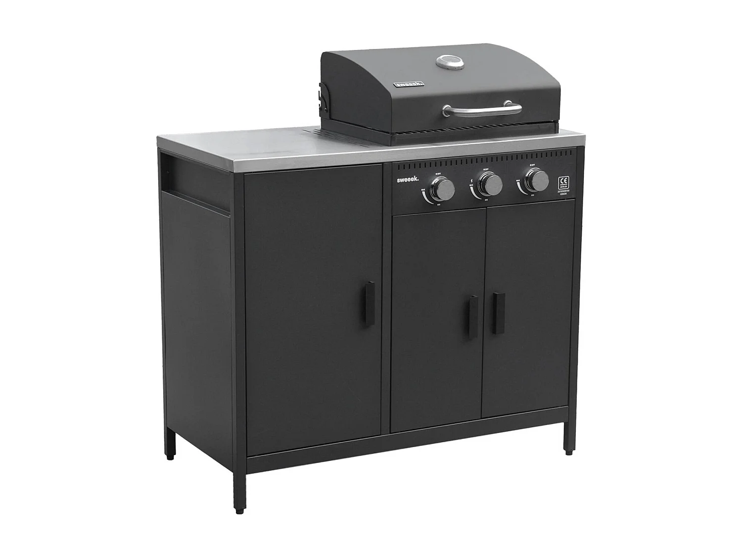 Barbecue a gas 3 bruciatori, 3 ante, 2 spazi di stoccaggio, nero