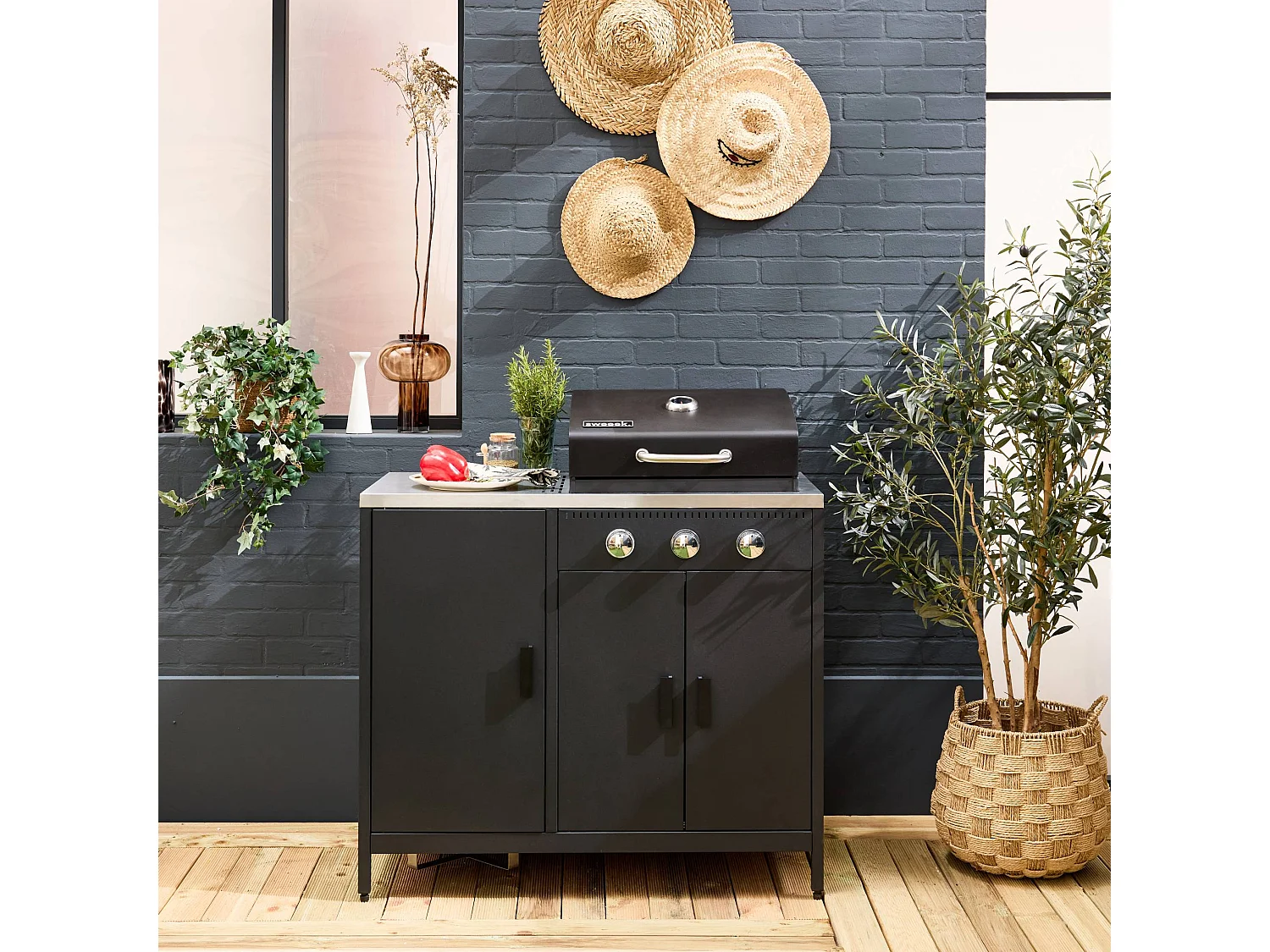 Barbecue a gas 3 bruciatori, 3 ante, 2 spazi di stoccaggio, nero