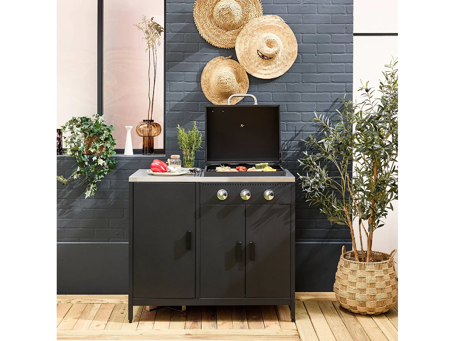 Barbecue a gas 3 bruciatori, 3 ante, 2 spazi di stoccaggio, nero