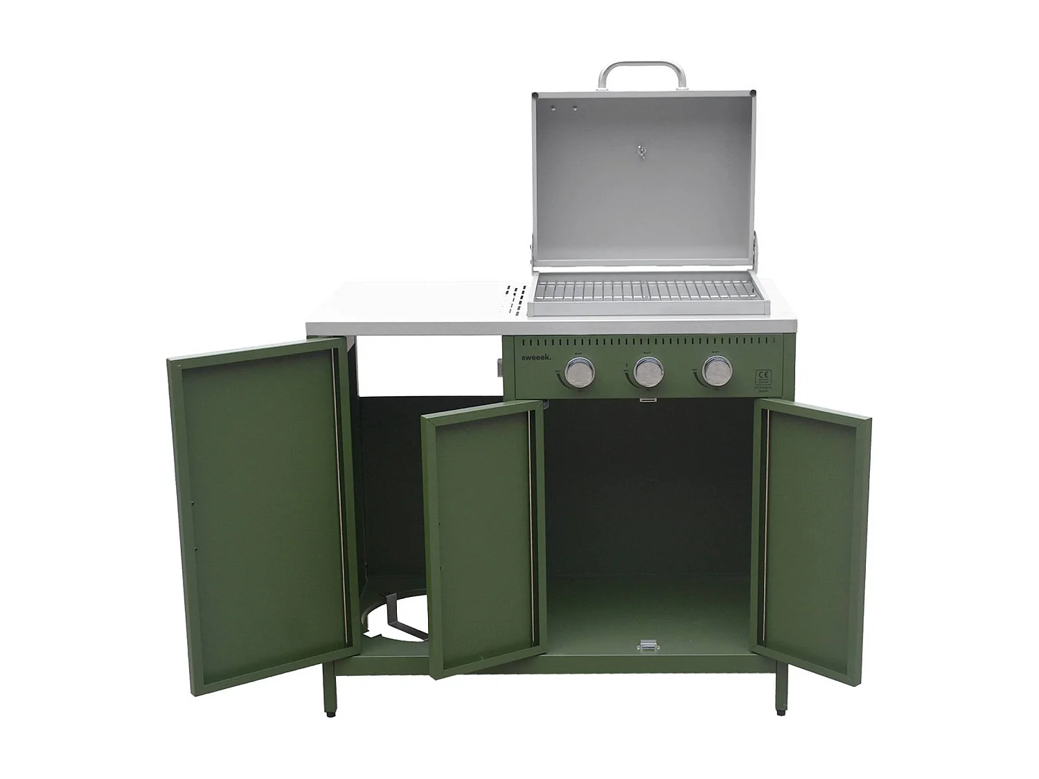 Barbecue gaz 3 brûleurs. vert. 3 portes et 2 espaces de rangement