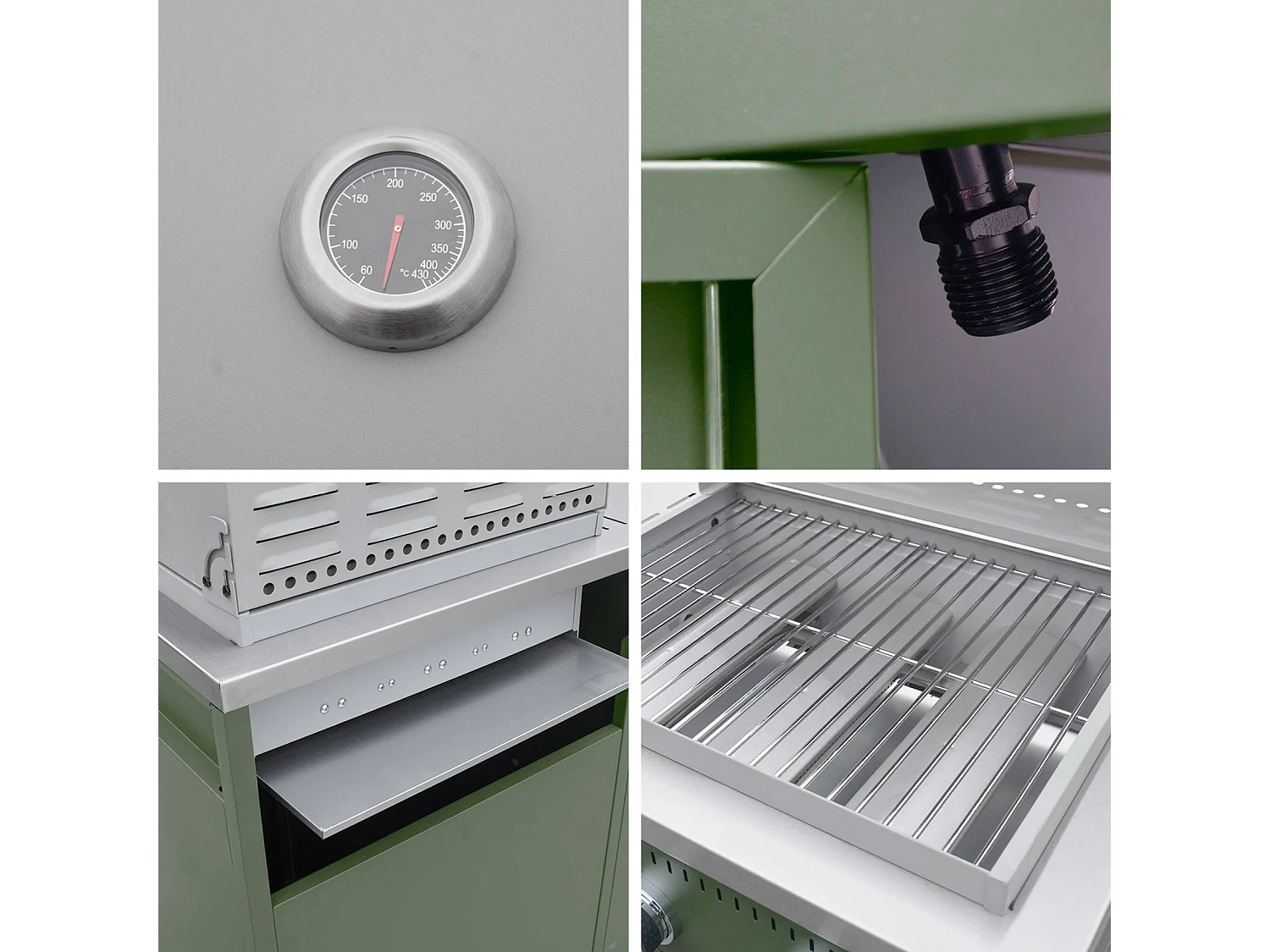 Barbecue gaz 3 brûleurs. vert. 3 portes et 2 espaces de rangement