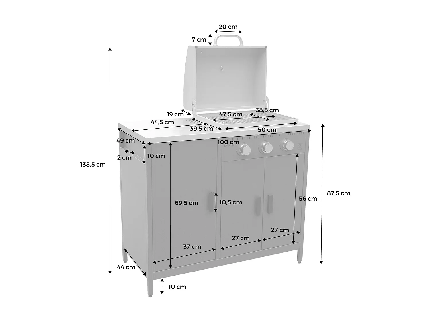 Barbecue gaz 3 brûleurs. vert. 3 portes et 2 espaces de rangement