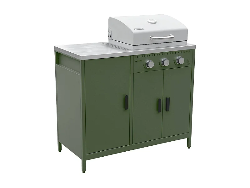 Barbecue a gas 3 bruciatori, 3 ante, 2 spazi di stoccaggio, verde