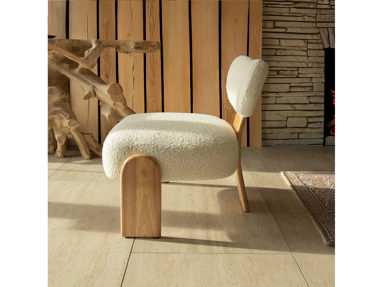 Now's Home - Fauteuil Tissu Bouclette Blanc Et Pied En Bois 70x72x72cm Hella