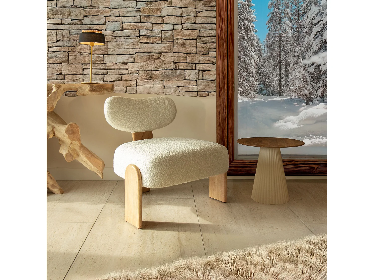 Now's Home - Fauteuil Tissu Bouclette Blanc Et Pied En Bois 70x72x72cm Hella