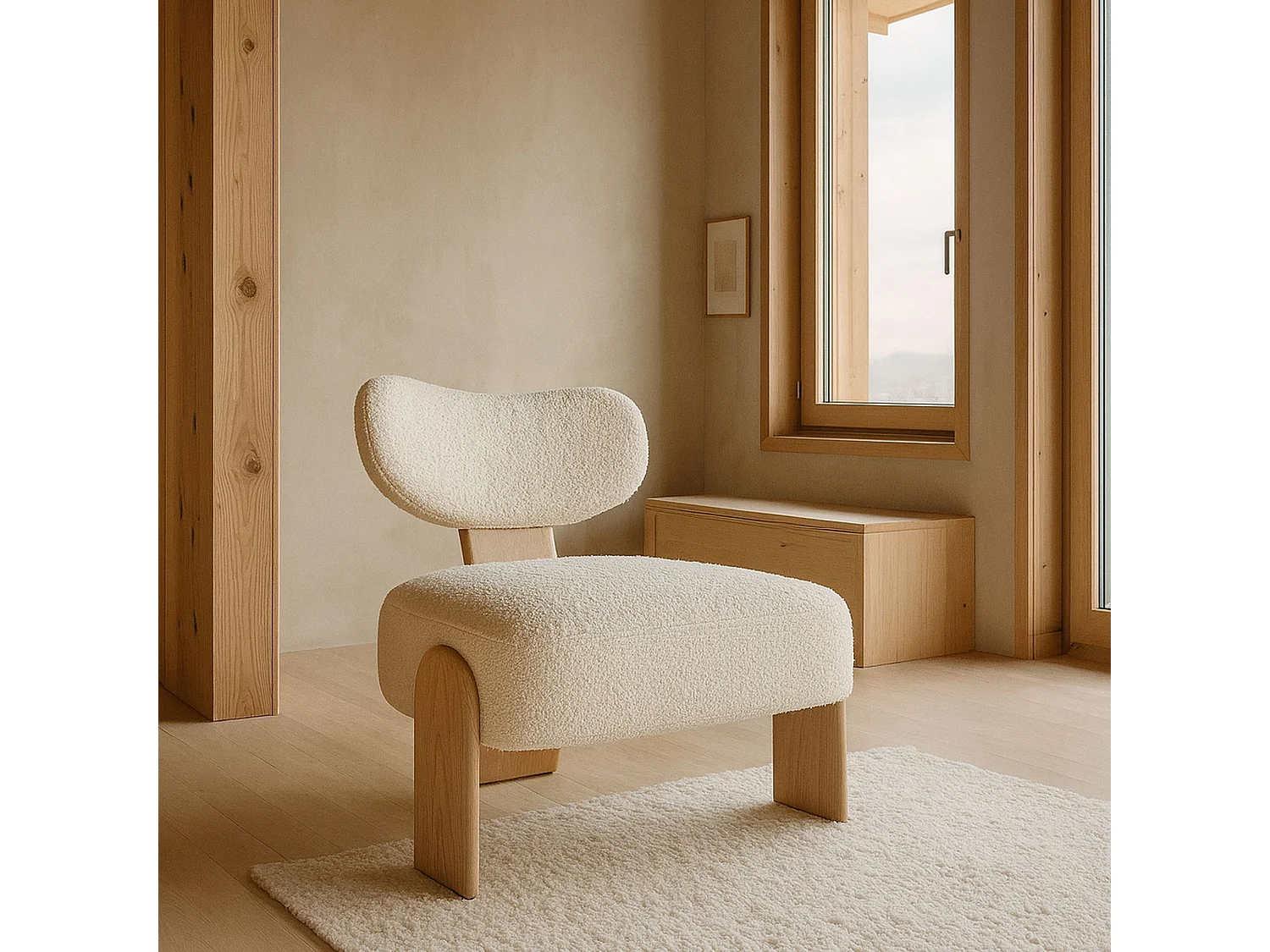 Now's Home - Fauteuil Tissu Bouclette Blanc Et Pied En Bois 70x72x72cm Hella