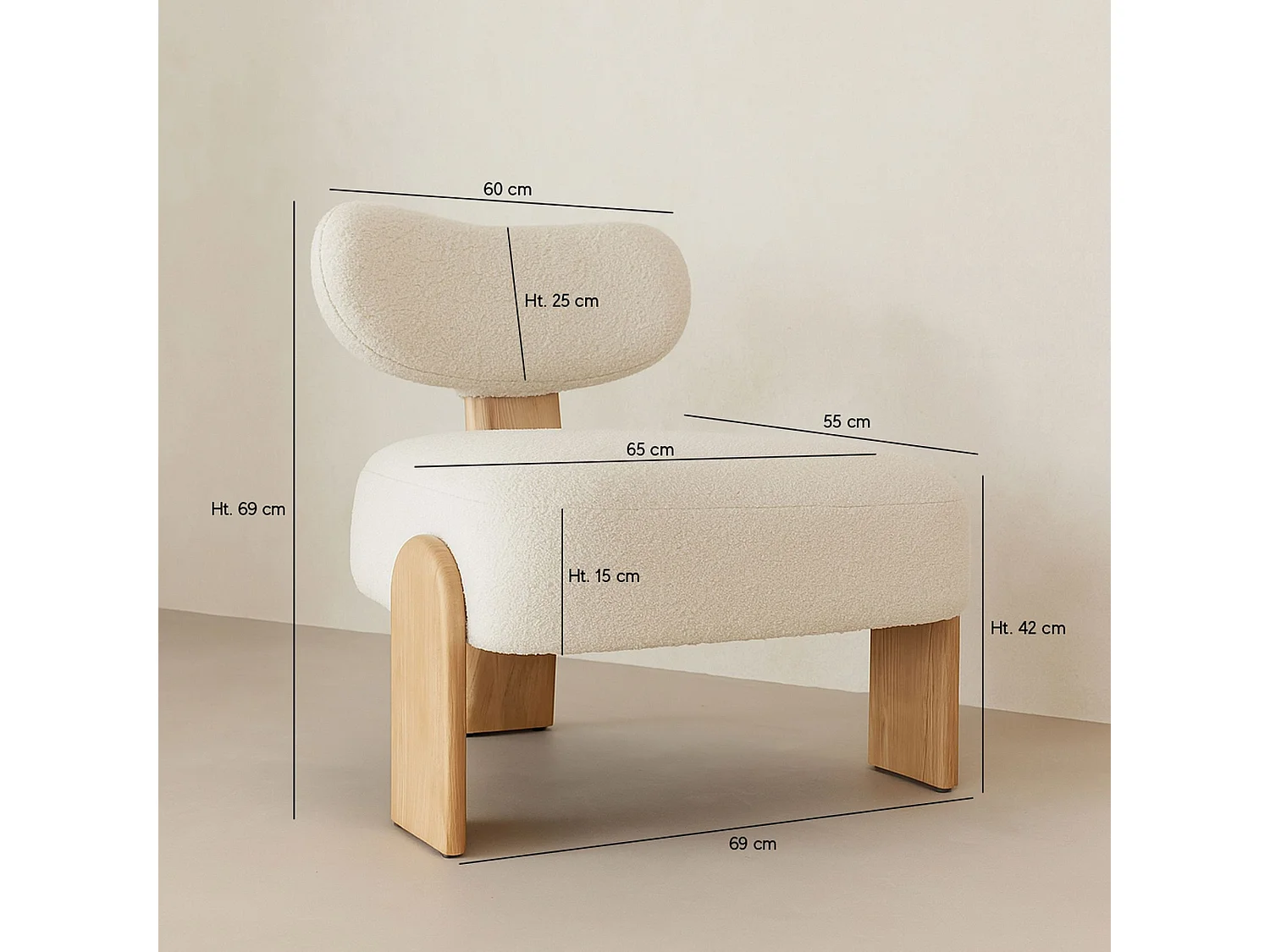 Now's Home - Fauteuil Tissu Bouclette Blanc Et Pied En Bois 70x72x72cm Hella