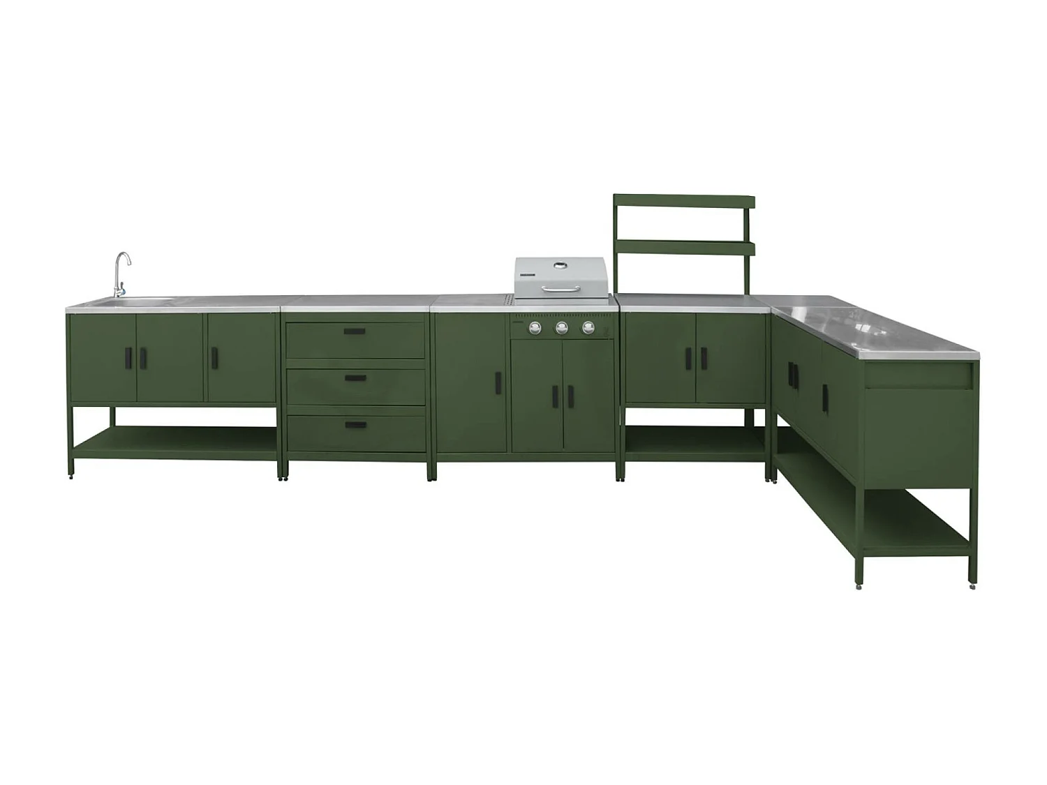 Cucina esterna 5 moduli con barbecue a gas 3 bruciatori, verde