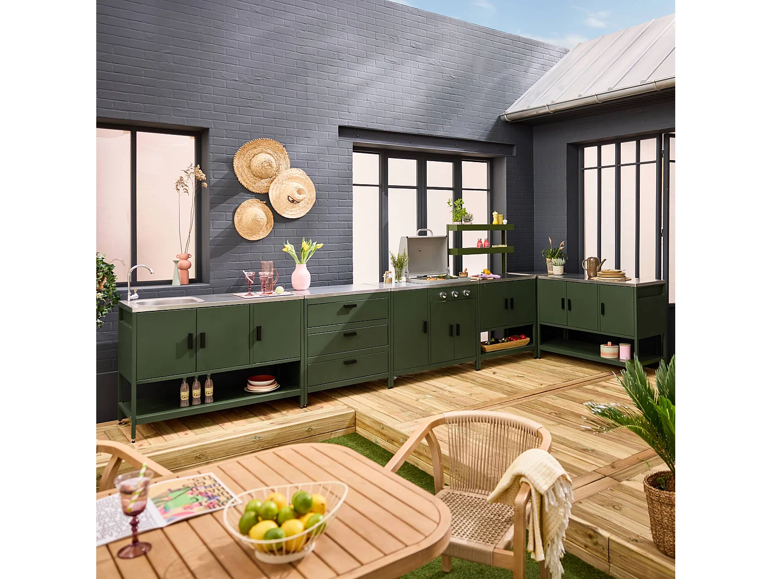 Cucina esterna 5 moduli con barbecue a gas 3 bruciatori, verde