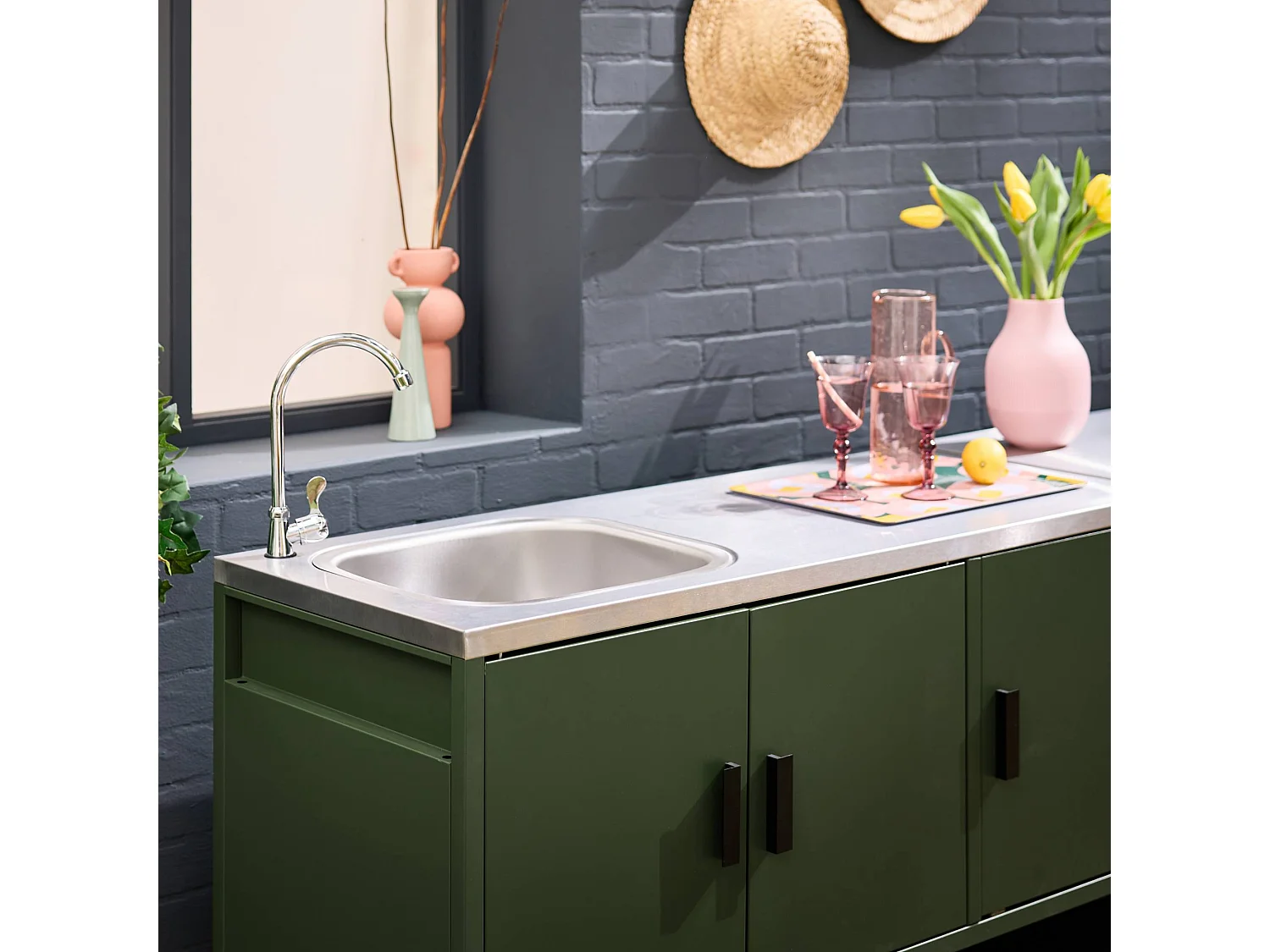 Cucina esterna 5 moduli con barbecue a gas 3 bruciatori, verde