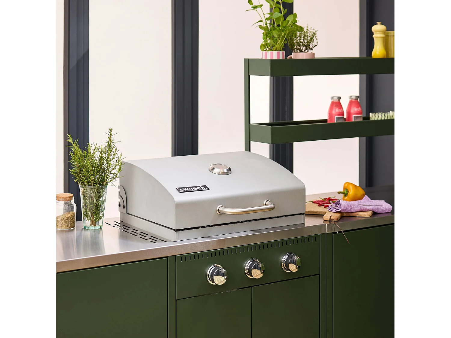 Cucina esterna 5 moduli con barbecue a gas 3 bruciatori, verde