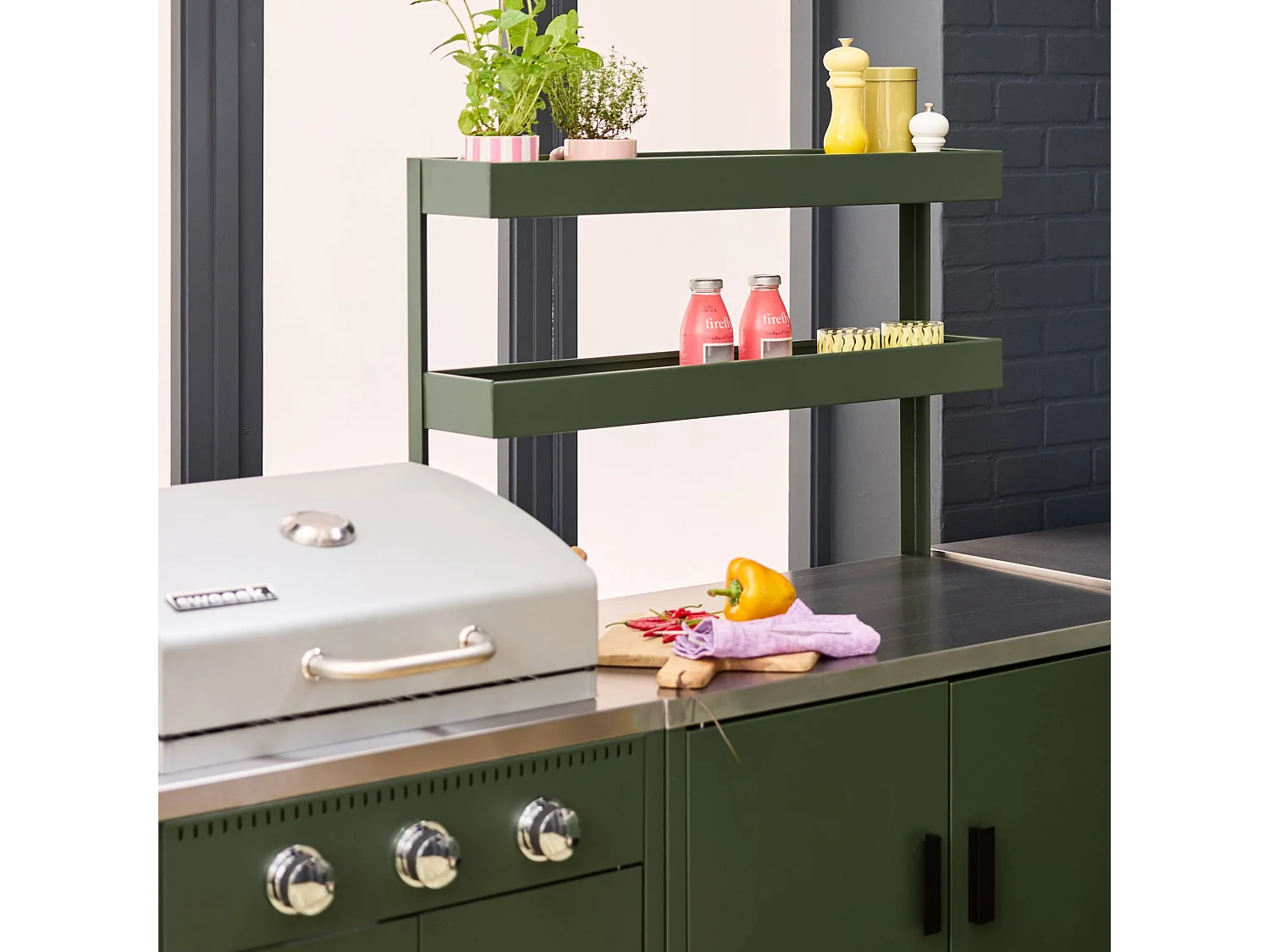 Cucina esterna 5 moduli con barbecue a gas 3 bruciatori, verde