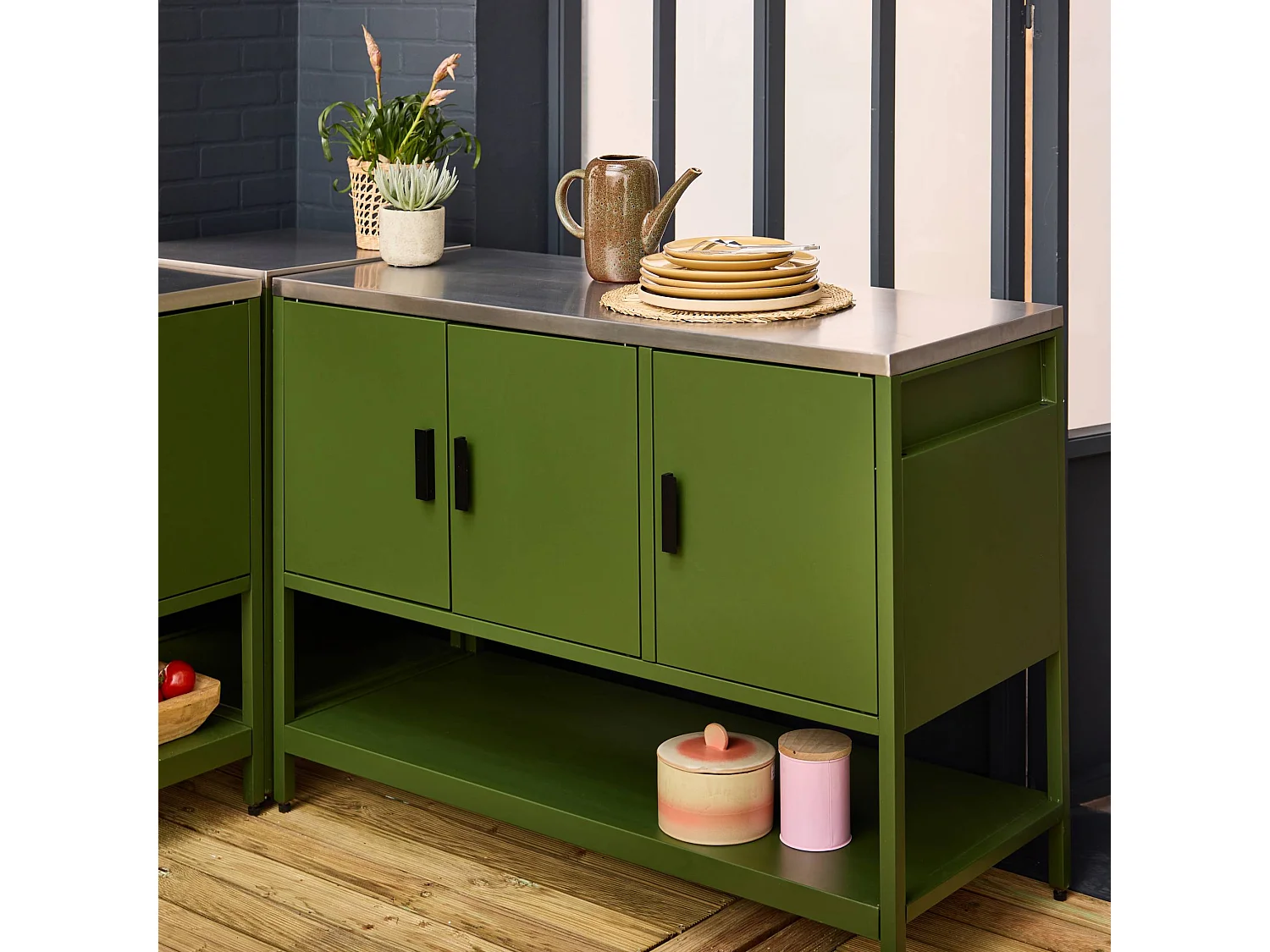 Cucina esterna 5 moduli con barbecue a gas 3 bruciatori, verde