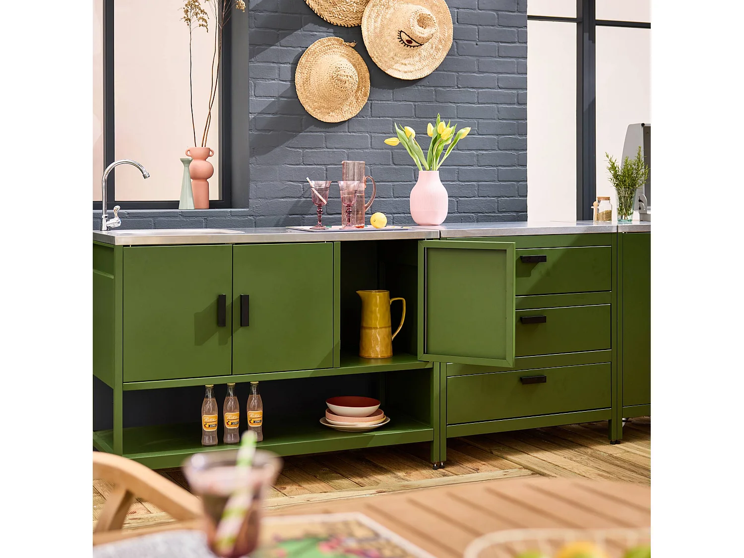 Cucina esterna 5 moduli con barbecue a gas 3 bruciatori, verde