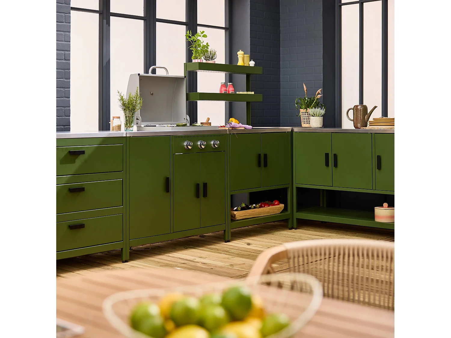 Cucina esterna 5 moduli con barbecue a gas 3 bruciatori, verde