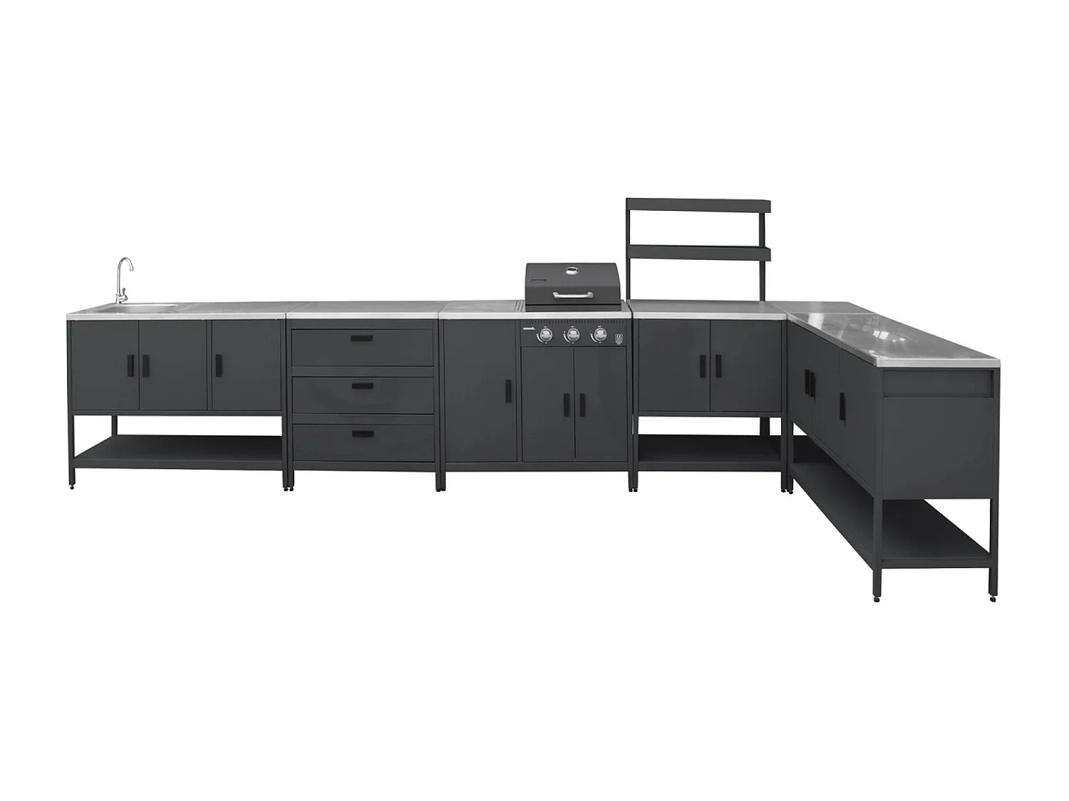 Cuisine extérieure 6 modules avec barbecue en acier inoxydable noir