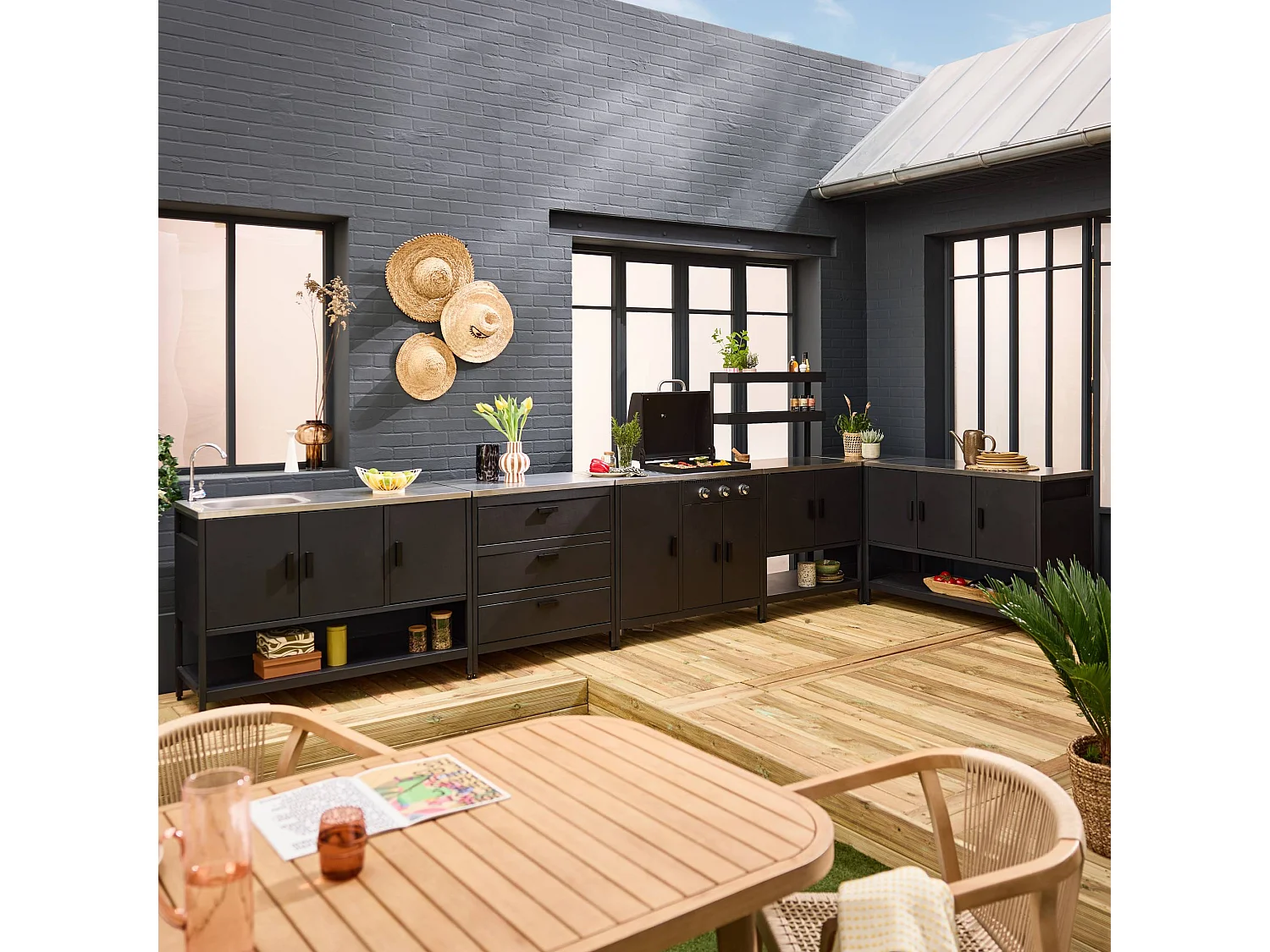Cuisine extérieure 6 modules avec barbecue en acier inoxydable noir