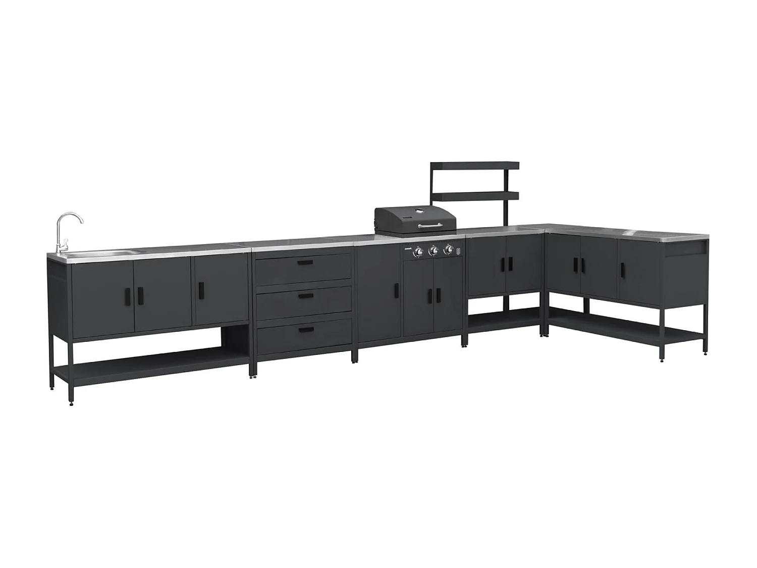 Cuisine extérieure 6 modules avec barbecue en acier inoxydable noir