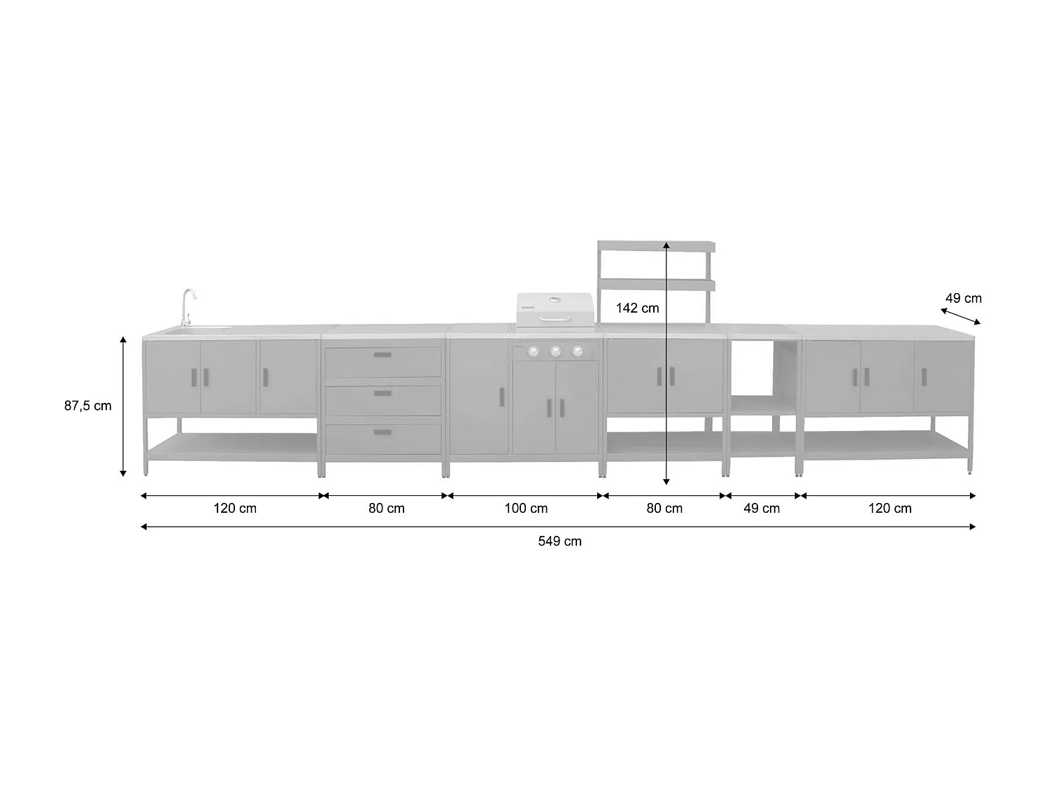 Cuisine extérieure 6 modules avec barbecue en acier inoxydable noir