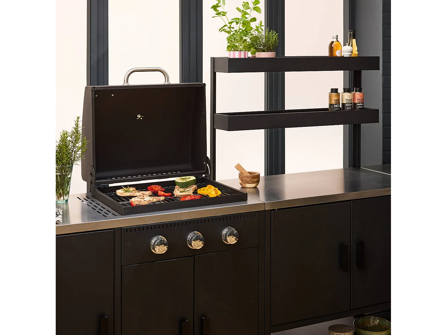 Cuisine extérieure 6 modules avec barbecue en acier inoxydable noir