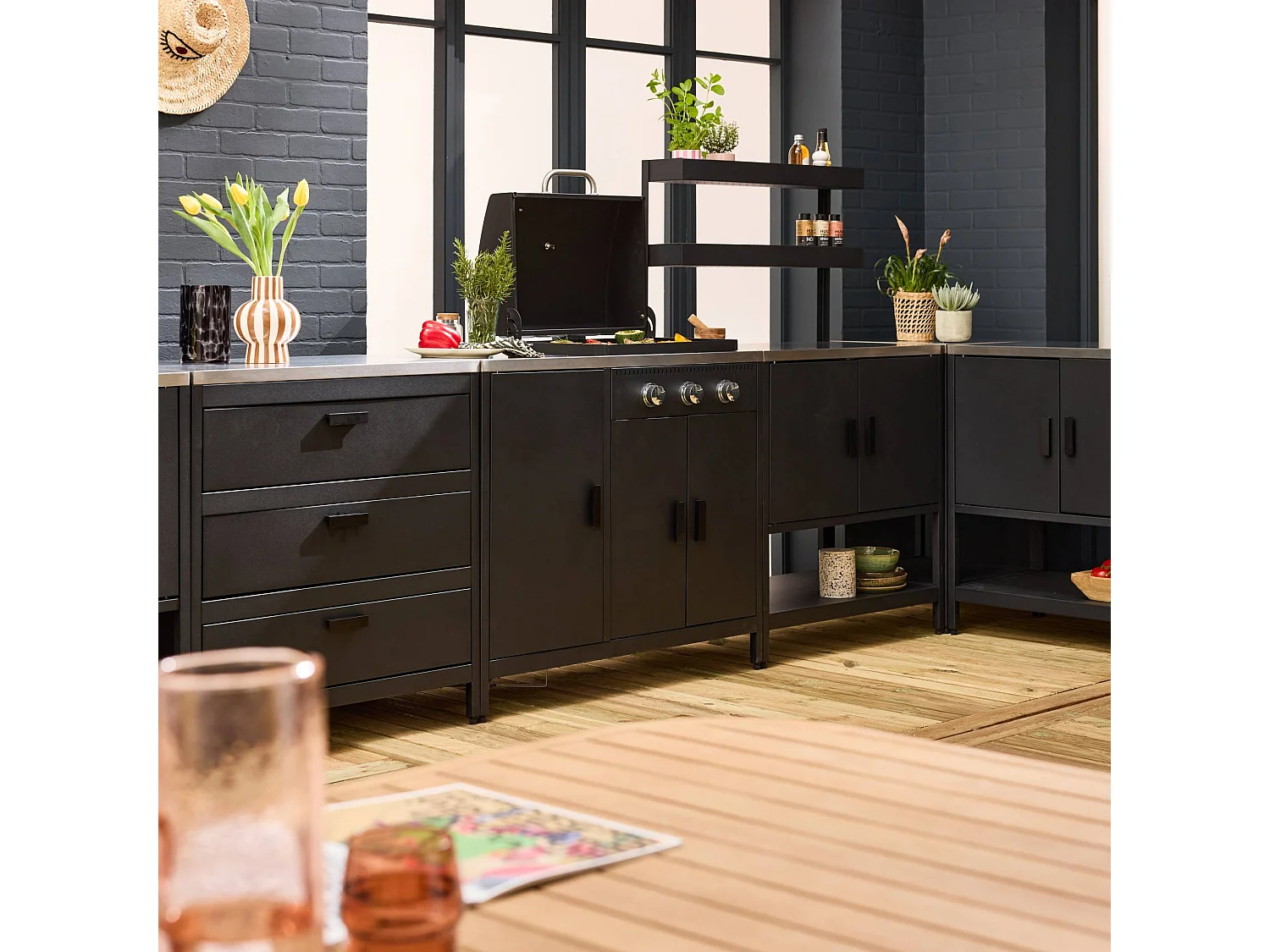 Cuisine extérieure 6 modules avec barbecue en acier inoxydable noir