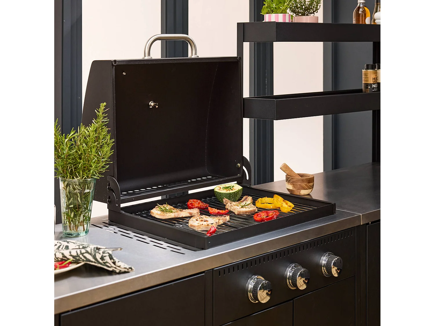 Cuisine extérieure 6 modules avec barbecue en acier inoxydable noir