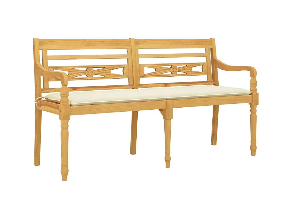 Banco de jardim ao ar livre, mobiliário de pátio, terraço com almofada creme, 150 cm, madeira maciça de teca 02_0011069