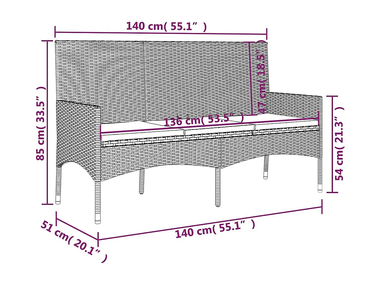 Panca da giardino arredo da esterno per terrazza a 3 posti con cuscini 140 x 51 x 85 cm resina intrecciata grigia 02_0011789