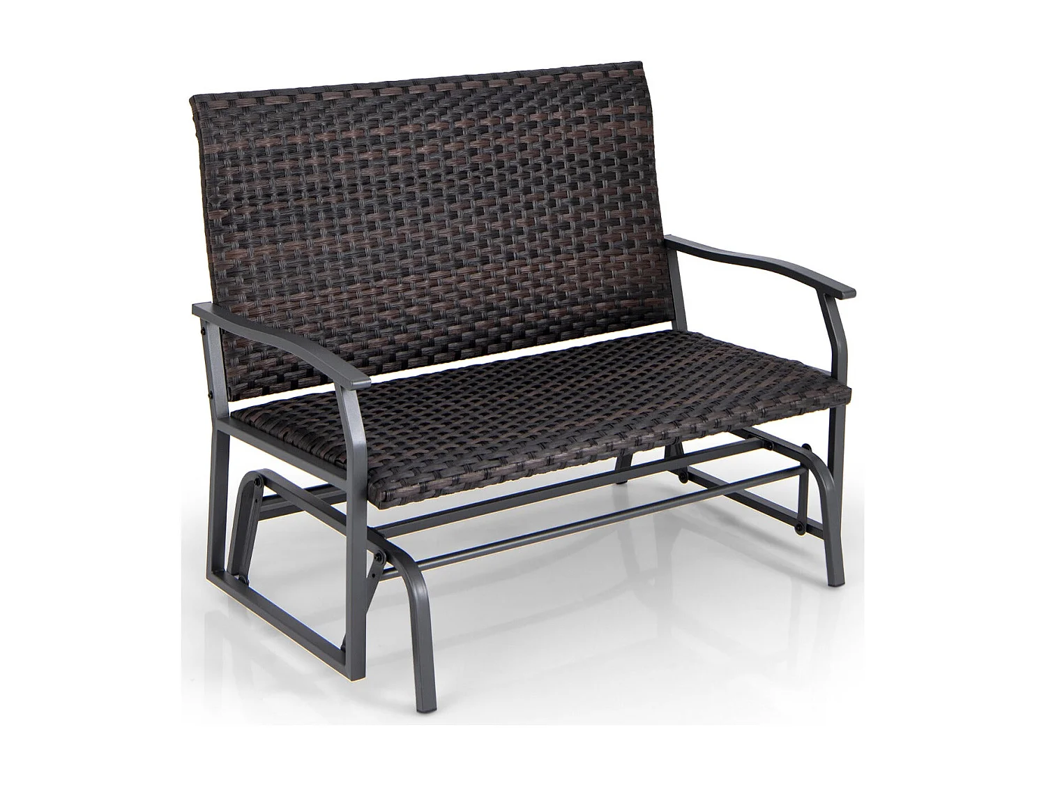 Banco deslizante ao ar livre para 2 pessoas tecido rattan loveseat assento de espuma de secagem rápida braços deslizantes de metal marrom 20_0007792