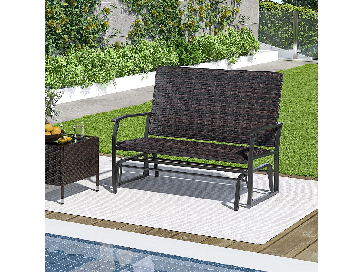 Banco deslizante ao ar livre para 2 pessoas tecido rattan loveseat assento de espuma de secagem rápida braços deslizantes de metal marrom 20_0007792