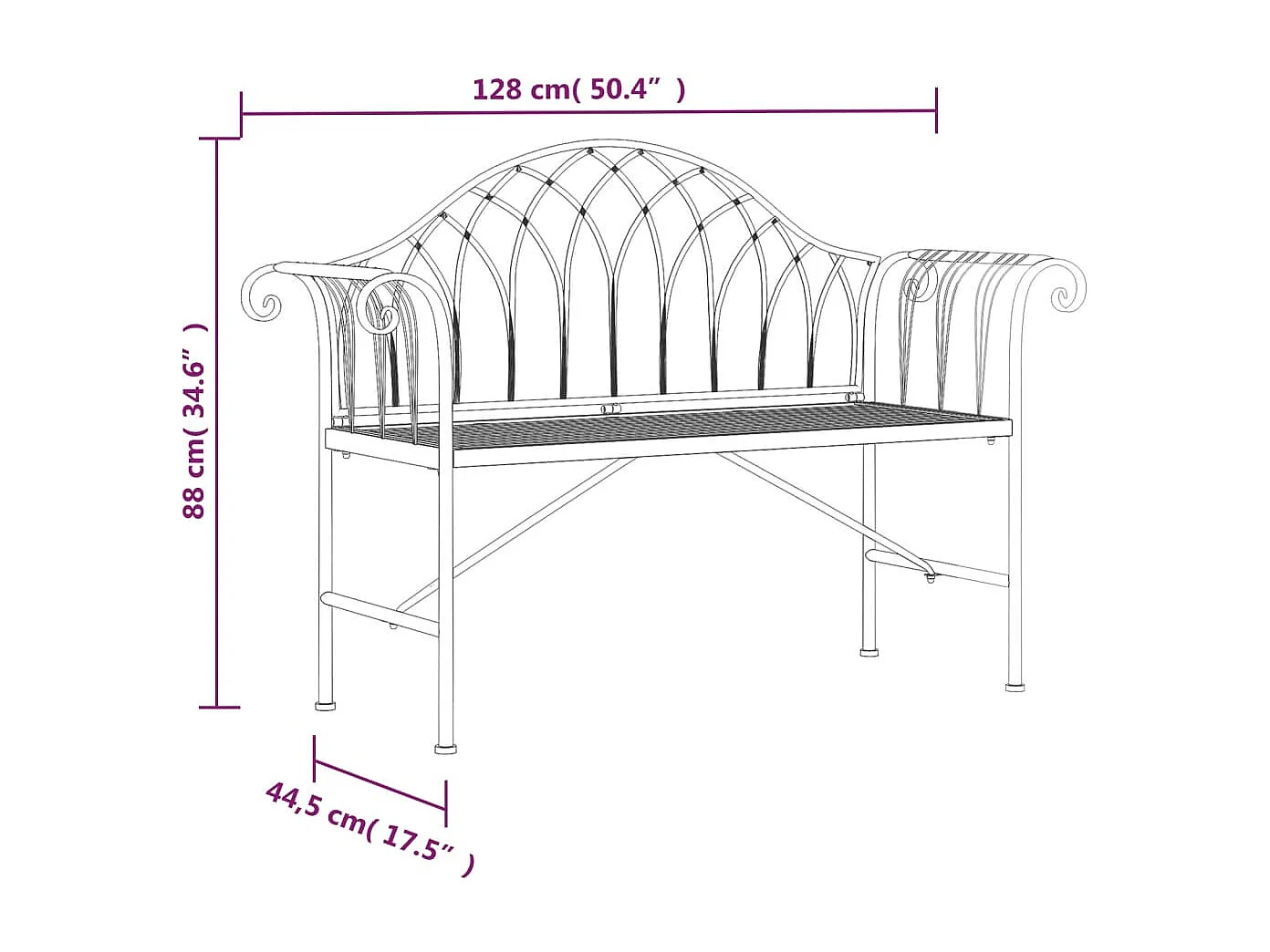 Panca da giardino mobili da giardino per esterni terrazza 2 posti 128 x 44,5 x 88 cm acciaio nero 02_0011282