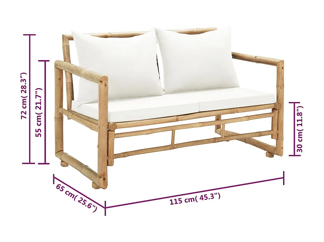 Sofá de jardín de 2 plazas con cojines 115 x 65 x 72 cm bambú 02_0011856