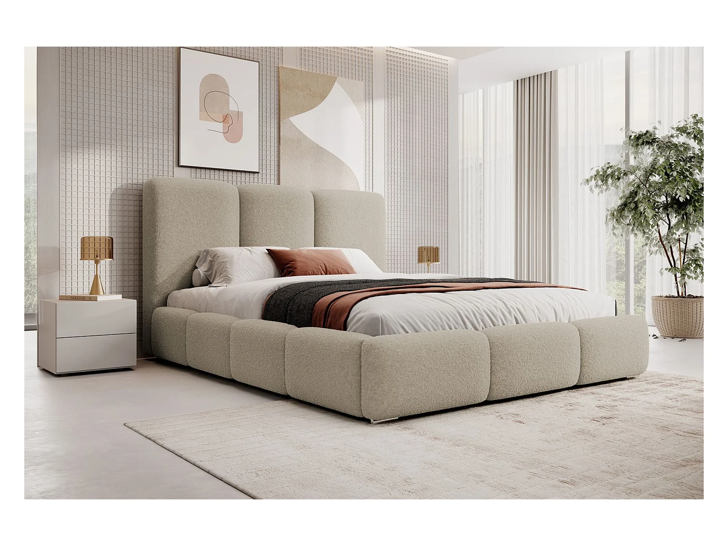 Lit coffre - 180x200 cm - en bouclette beige clair - BAURO