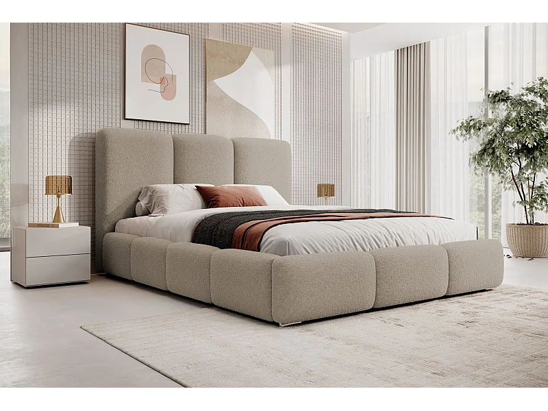 Lit coffre - 180x200 cm - en bouclette beige - BAURO