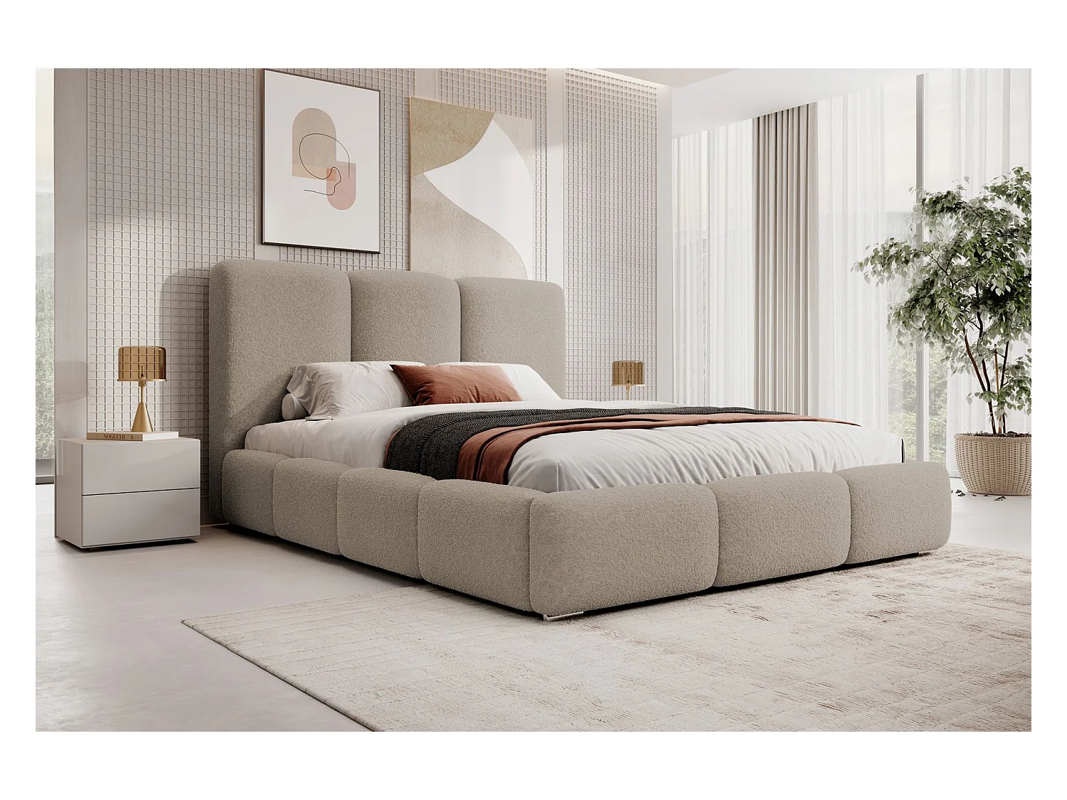 Lit coffre - 180x200 cm - en bouclette beige - BAURO