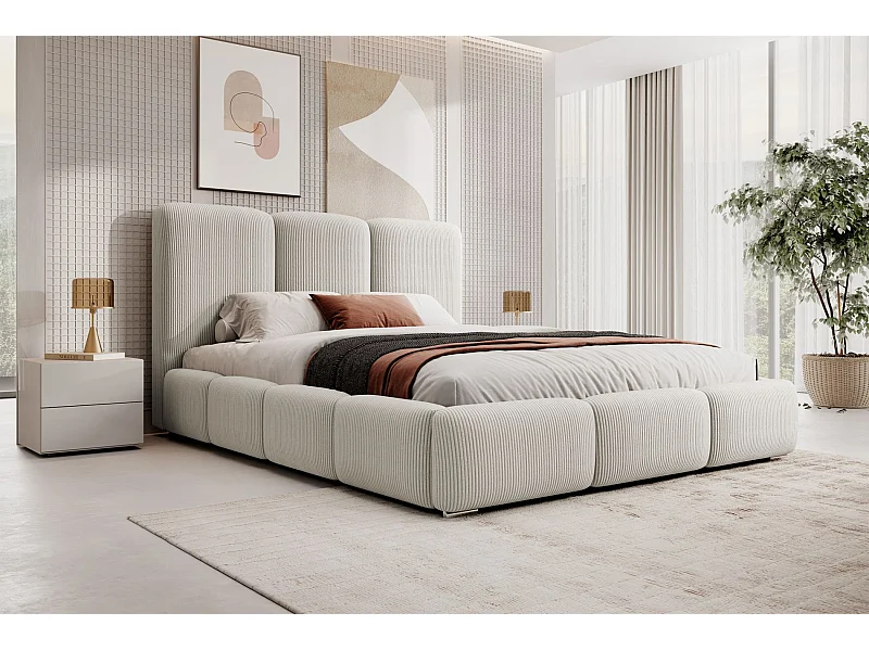 Lit coffre - 160x200 cm - en velours côtelé gris-beige - BAURO