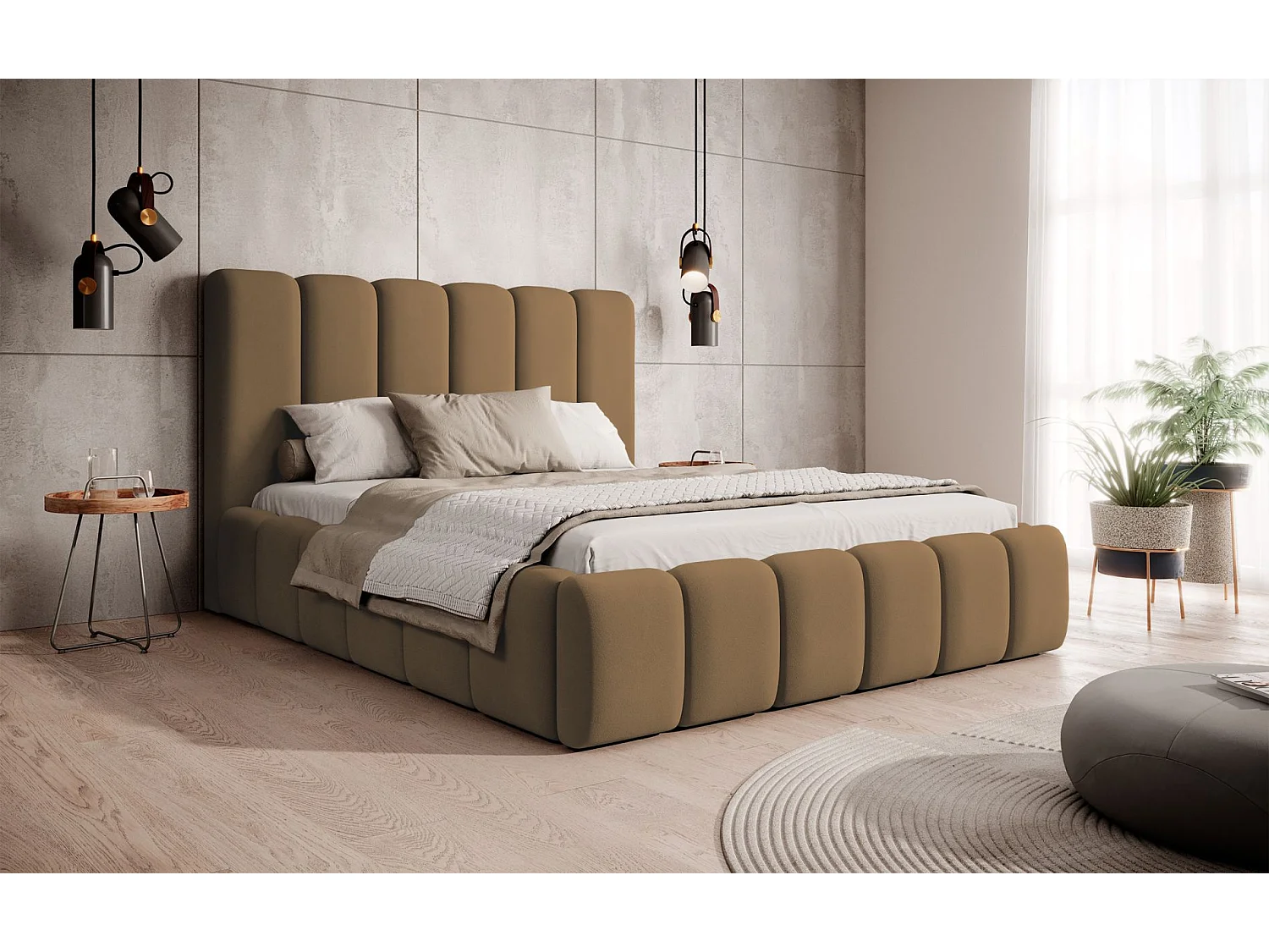 Lit coffre - 160x200 cm - en tissu velours cuivré - BISCOTTINO