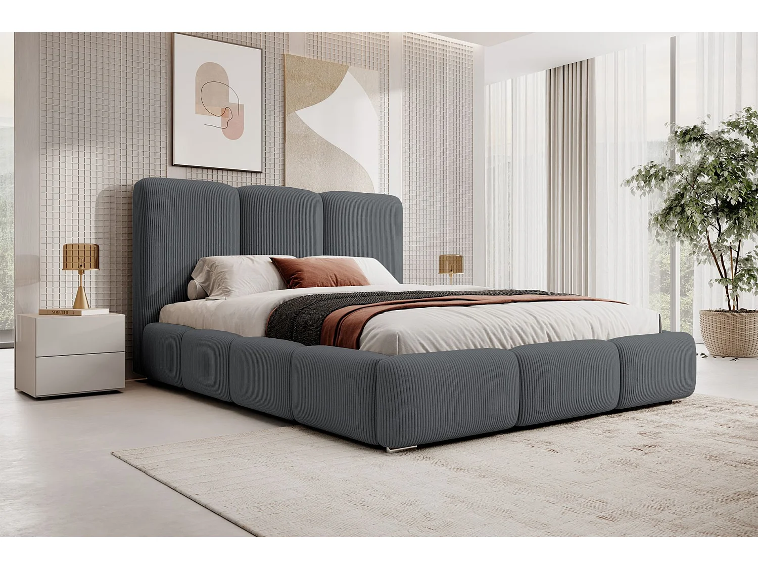 Opbergbed - 140x200 cm - in donkergrijs corduroy - BAURO