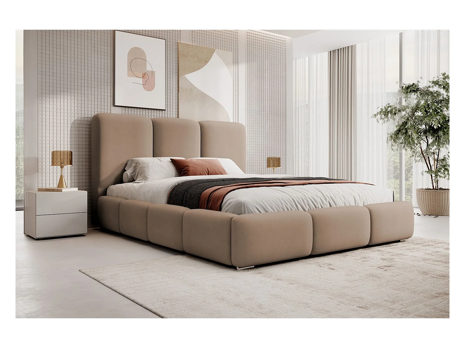 Lit coffre - 180x200 cm - en tissu velours marron clair - BAURO