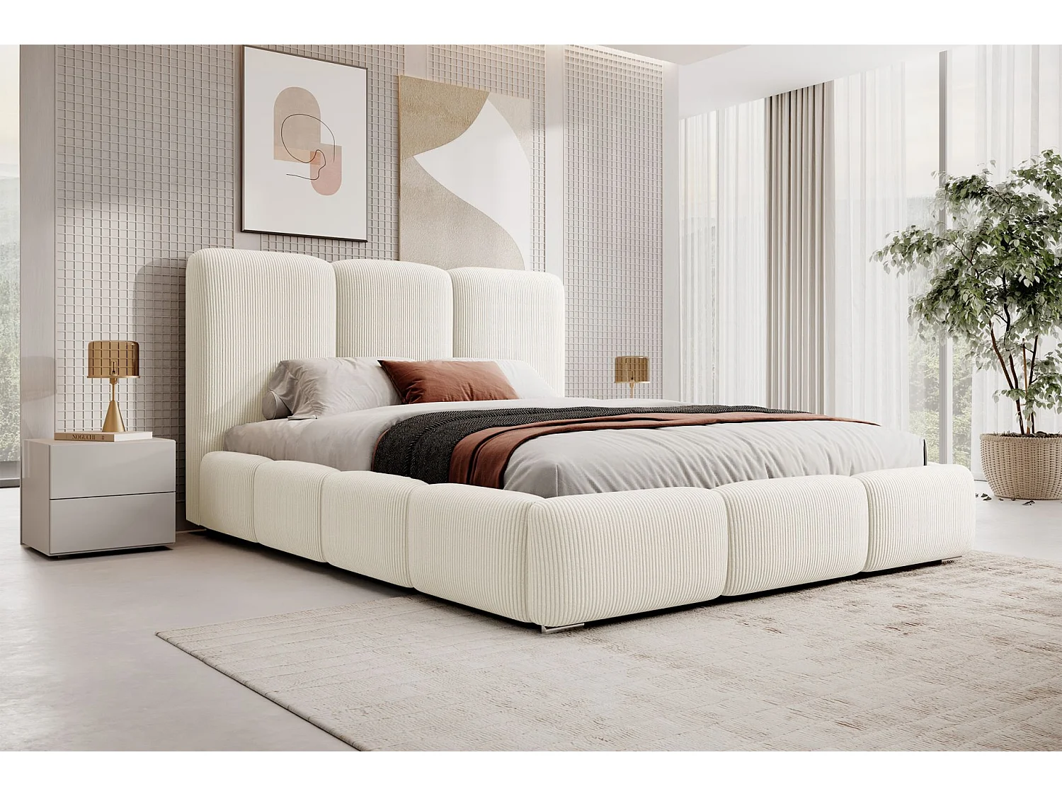 Polsterbett 140x200 cm - mit Stauraum und Cordbezug - creme - BAURO