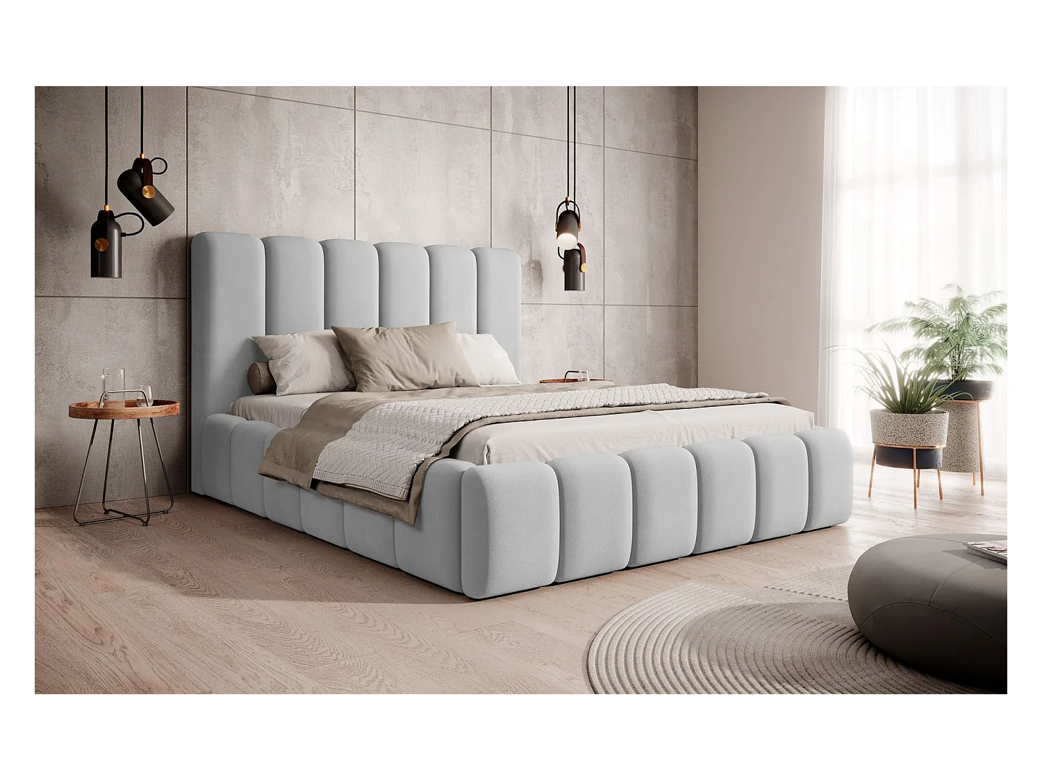 Lit coffre - 140x200 cm - en tissu velours gris clair - BISCOTTINO