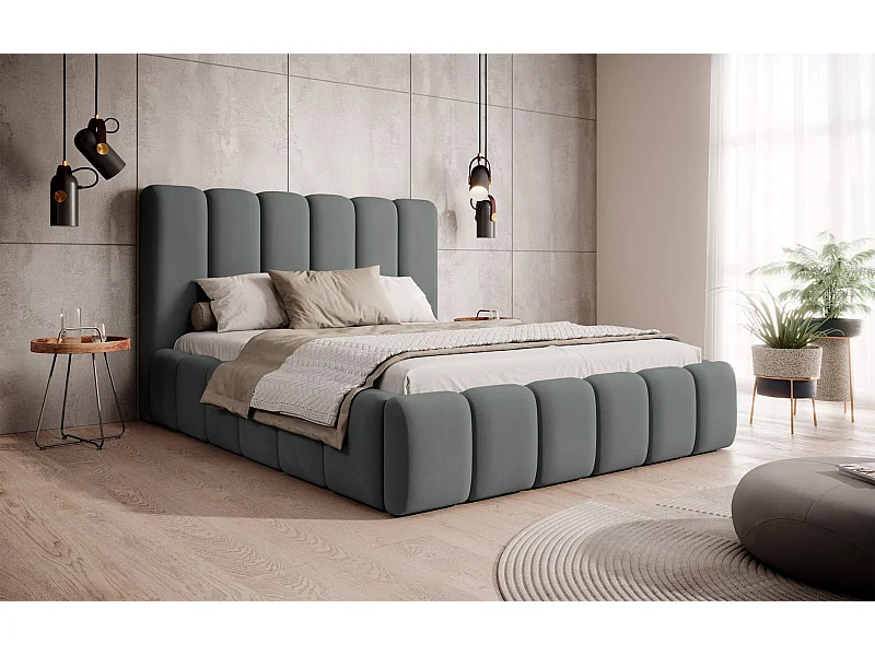 Lit coffre - 160x200 cm - en tissu velours gris - BISCOTTINO