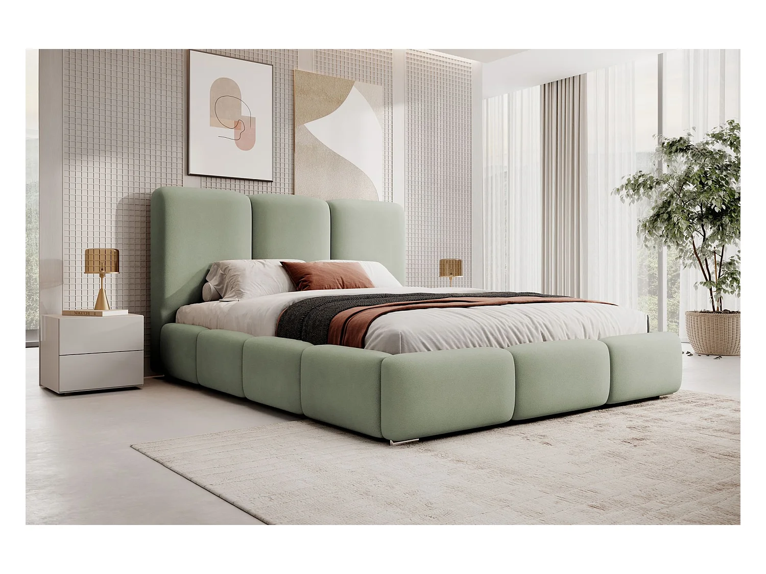 Lit coffre - 180x200 cm - en tissu velours vert sauge - BAURO