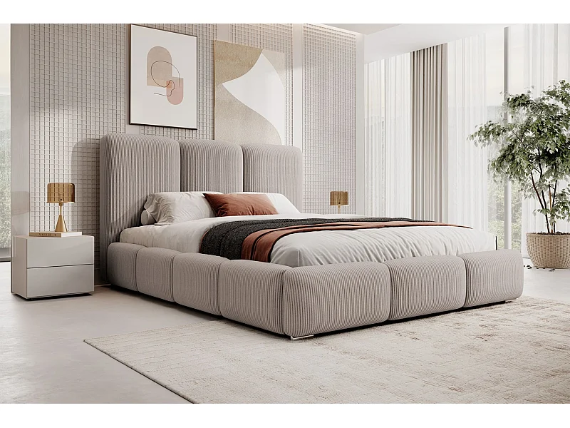 Lit coffre - 180x200 cm - en velours côtelé beige foncé - BAURO