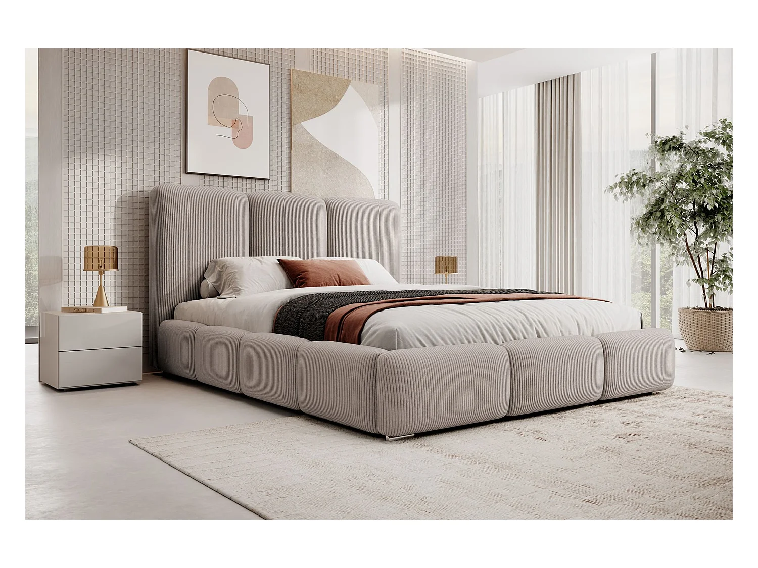 Lit coffre - 180x200 cm - en velours côtelé beige foncé - BAURO